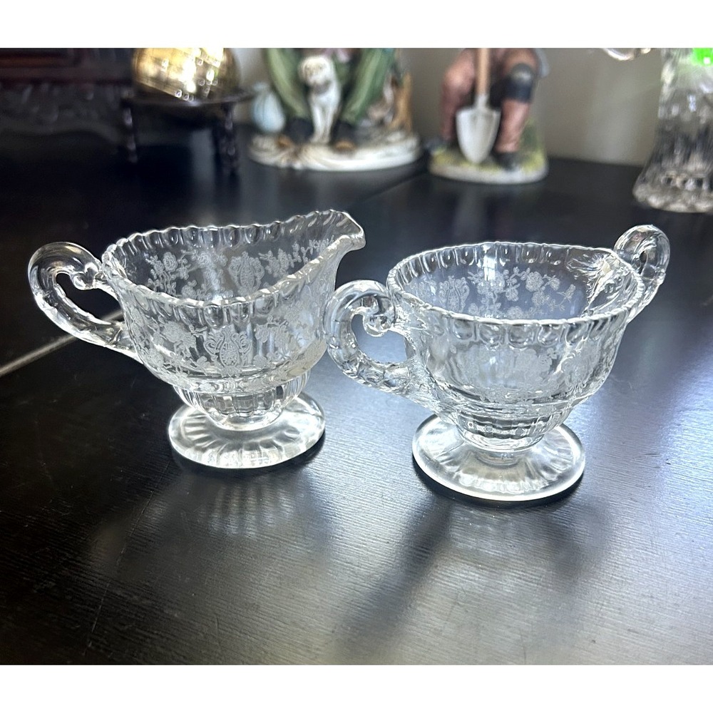 Cambridge Valencia Creamer Sugar Set 2.75" Vintage Glass Etched, Glows